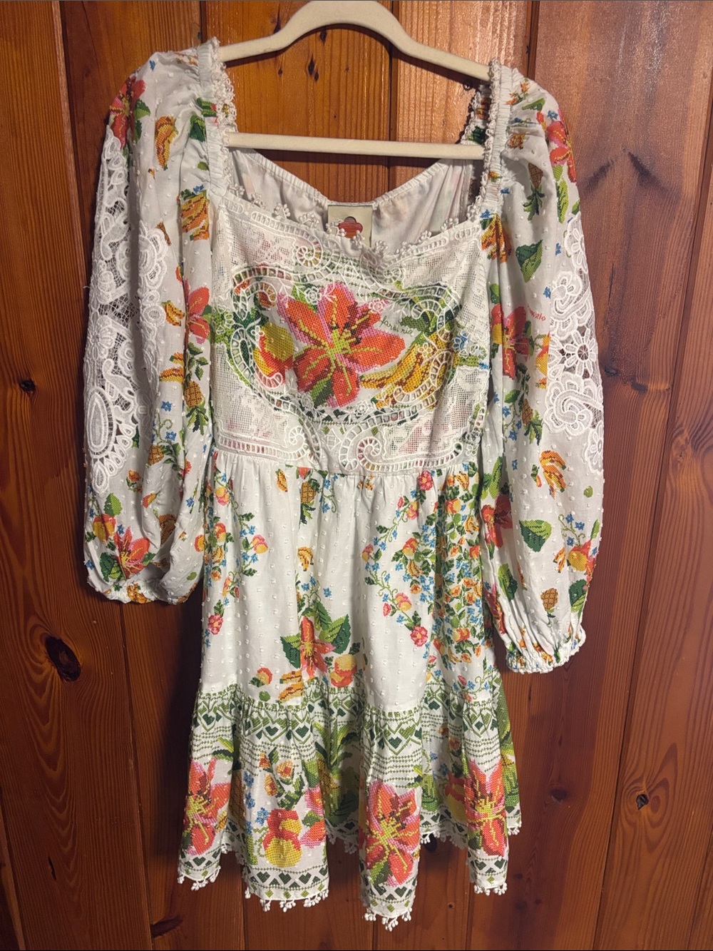 FARM Rio White Floral Lace-Trim Mini Dress with Pink & Orange Blooms